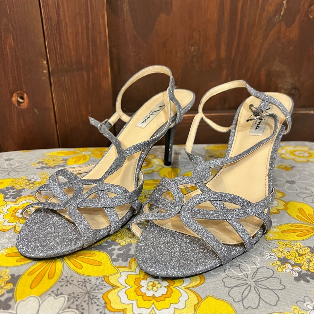 Nina Glittery Silver Strappy Heels